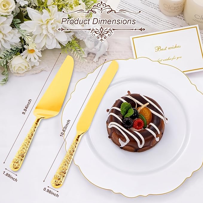 Gold Cake Cutting Set, 2 PCS Wedding Cake Knife and Server Set, Vintage Engraved Cake Cutter and Serving Spatula for Wedding, Birthday, Anniversary, Party