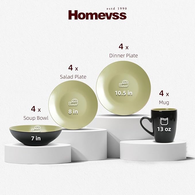 Stoneware Two-Tone Colors Life 16pc Dinner Set竊똎utside Shiny Black + Inside Matte Glaze Olive
