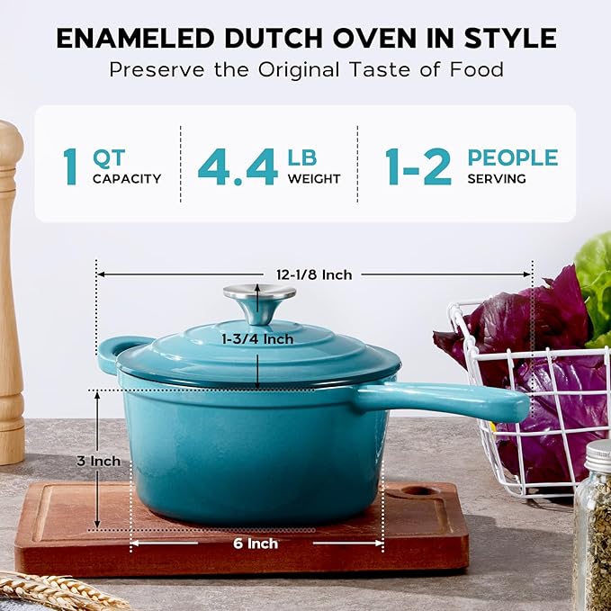 Onader 1QT Saucepan with Lid, Enameled Cast Iron Sauce Pan, Small Cast Iron Pot for Cooking, Enameled Dutch Oven Nonstick & Heavy Duty ??Dark Cyan