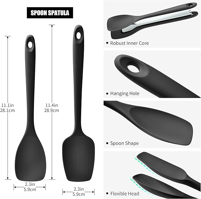 Doosu Silicone Spoon Spatula Set of 2, 600쨘F Heat-Resistant Food Grade Rubber Spoonula with Seamless Design, Non-Stick Dishwasher Safe Kitchen Utensils for Cooking, Baking, Mixing, Scraping (Black)