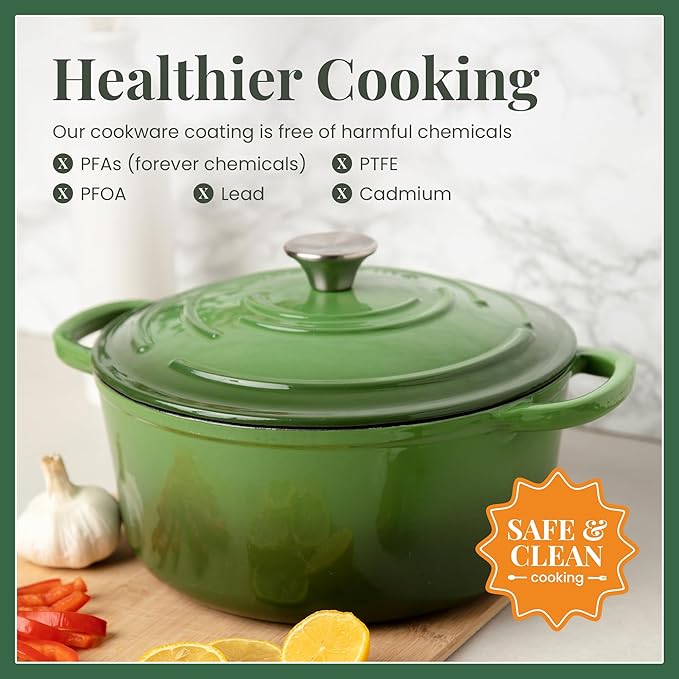 Larder & Vine Enameled Cast Iron 5.7qt Dutch Oven Pot with Lid | Bread Baking | Compatible on All Cooktops & Oven Safe to 500째 F | Great for Sourdough Bread | Okra
