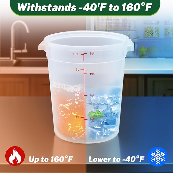Round Food Storage Container with Lid, 8Qt Translucent, Commercial 4 Pack of ??NSF Listed, BPA-Free, Polypropylene, Non-Stick, Scale, with Labels & Measuring Cups