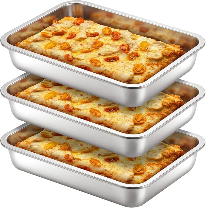 RimCereal 3 Pcs Detroit Style Pizza Pan 10 x 14 x 2.36 Inch Non Stick Rectangle Deep Pizza Pans Pre Seasoned Sicilian Style Pan Dish Bakeware Kitchenware(Silver)