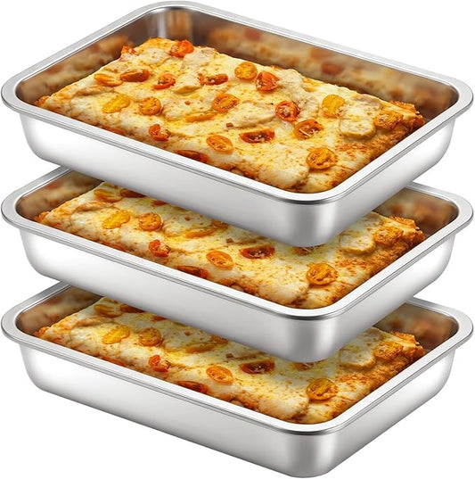 RimCereal 3 Pcs Detroit Style Pizza Pan 10 x 14 x 2.36 Inch Non Stick Rectangle Deep Pizza Pans Pre Seasoned Sicilian Style Pan Dish Bakeware Kitchenware(Silver)