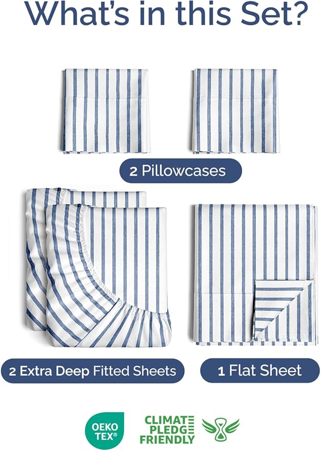 Extra Deep Pocket Split King Sheets - 5 Piece Breathable & Cooling Bed Sheets - Hotel Luxury Bed Sheet Set - Soft, Wrinkle Free & Comfy - Easily Fits Extra Deep Mattresses - Blue Striped Sheets Set