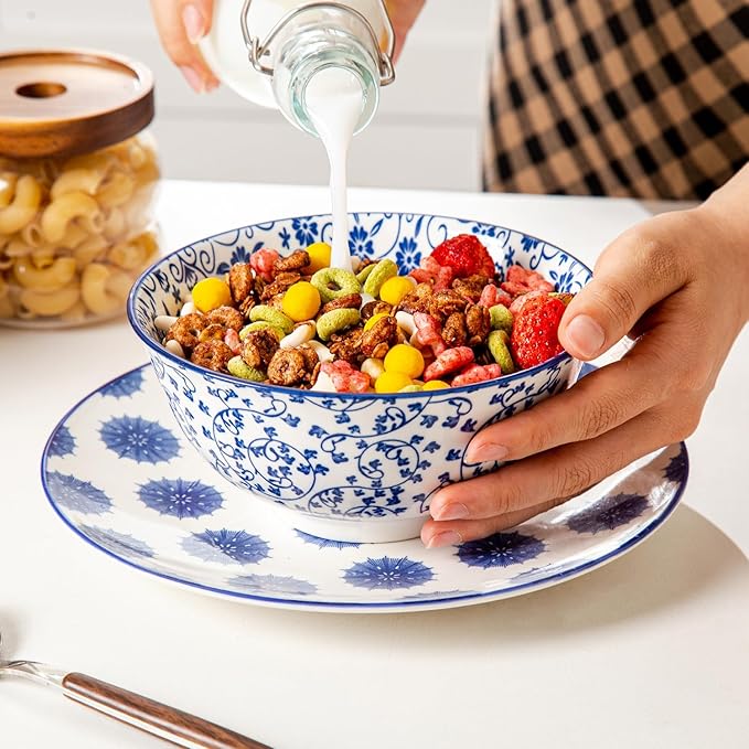 Cerkik Ceramic Soup Bowls Set - 24 Oz Deep Cereal Bowl for Kitchen - 6 Inch Large Porcelain Dinner Bowl Eating Salad Pasta Dessert Oatmeal - Microwave Dishwasher Safe - Set of 6 - Vintage Blue