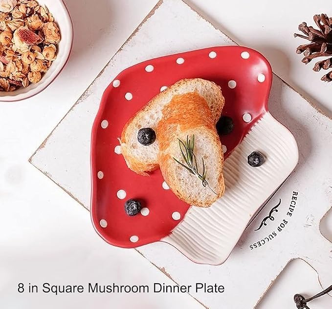 Mushroom Snack Plate, 8 in Polka Dot Safety Ceramic Dessert Appetizer Plates, Cute Sushi Dinner Plates, Pasta & More.