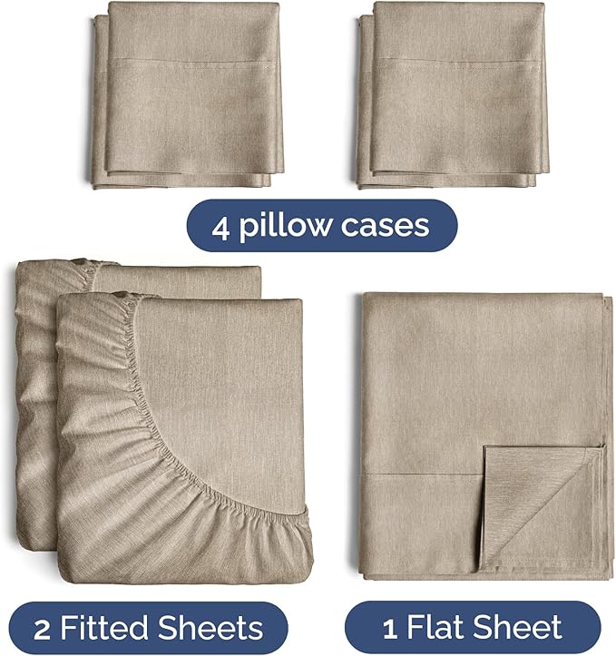 Split King 7 Piece Sheet Set - Cooling & Breathable Bed Sheets - Hotel Luxury Bed Sheets for Women, Men, Kids & Teens - Deep Pocket & Easy Fit - Soft & Wrinkle Free - Split King Heathered Beige Sheets