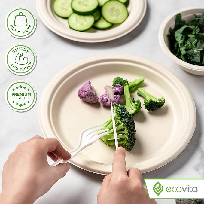 Ecovita 100% Compostable Paper Plates [9 in.] ??150 Disposable Plates Eco Friendly Sturdy Tree Free Liquid and Heat Resistant Alternative to Plastic or Paper Plates