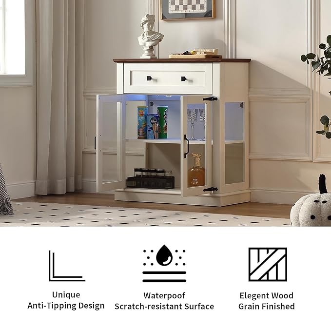 31.5'' Modern Small Buffet Cabinet with Storage,Buffet Sideboard with Two Glass Doors and a Drawer,Small Coffee bar Cabinet with Adjustable Shelf,for Kitchen,Antique White