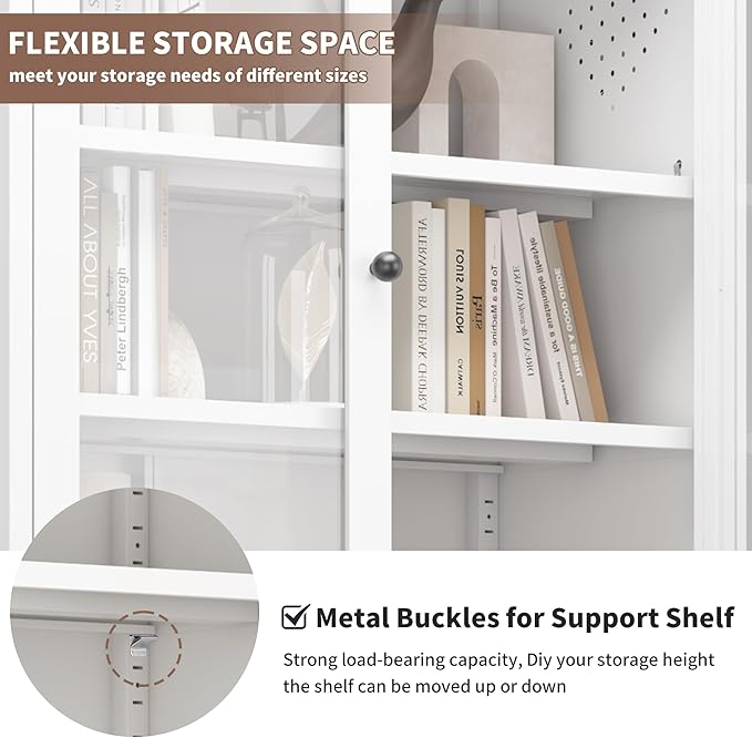 Kitchen Pantry Storage Cabinets with Glass Doors and 5 Adjustable Shelves, 72" Tall Kitchen Cupboard Metal Pantry Cabinet for Home Office Living Dining Room, Assembly Required (White)