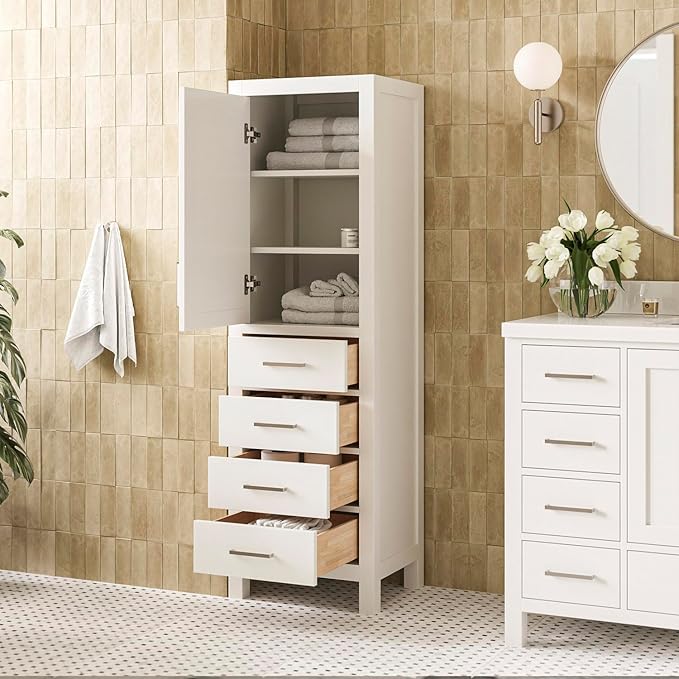 ARIEL Cambridge Bathroom Storage Cabinet - Solid Hevea Wood and Fully Assembled for Long-Lasting Durability and Sophisticated Finish, Freestanding Linen Bathroom Cabinet - 65?쒱 x 20?쓂 x 16?쒭, White