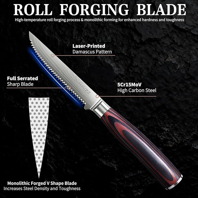 Steak Knives Set of 6, Serrated Steak Knife Set 4.5 Inch, Ultra Sharp Forged High Carbon Stainless Steel Dinner Knife with Ergonomic Pakkawood Handle, Damascus Pattern and Gift Box