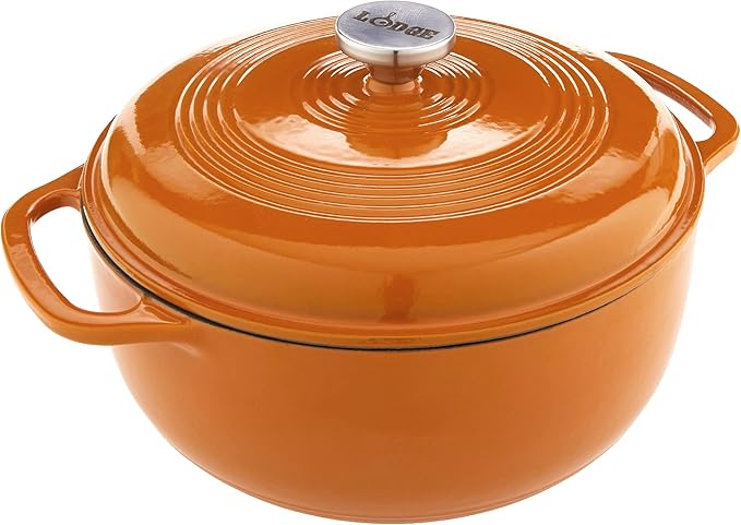Lodge 6 Quart Enameled Cast Iron Dutch Oven with Lid ??Dual Handles ??Oven Safe up to 500째 F or on Stovetop - Use to Marinate, Cook, Bake, Refrigerate and Serve ??Apricot