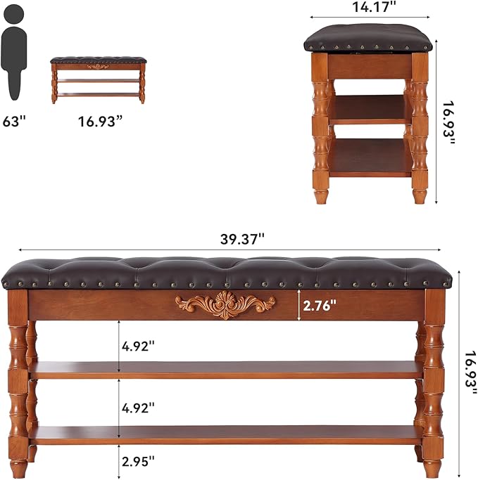 TRIBEWOOD 39-inch End of Bed Bench, Faux Leather Tufted Storage Bench with Lift Top Seat and 2 Tier Storage Shelves, Bedroom Bench Footrest Stool with Hidden Storage and Wood Leg, Vintage Style
