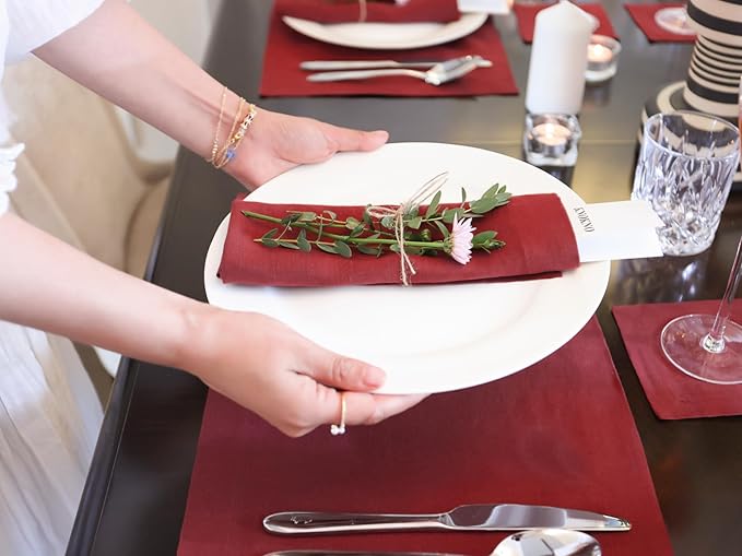 KNOKNO Home Pure Hemp Placemats 18 x 12 Inch Set of 4 Handcrafted with Mitered Corners Natural Fabric,Machine Washable Table Mats for Dining Tables (Red Garnet, Placemats | Set of 4)