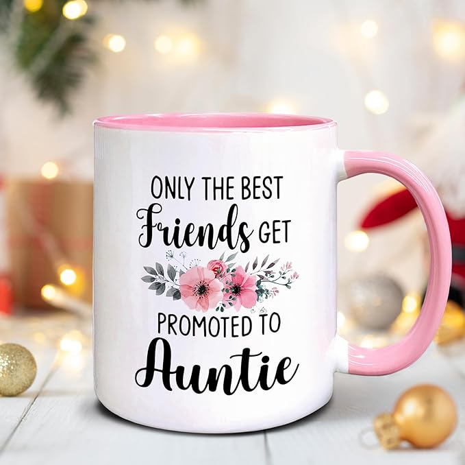 QASHWEY Auntie to Be Gifts Coffee Mug, Funny Pregnancy Announcement Gifts for Best Friend NewAuntie, Get Promoted to Auntie Double Side Printed Ceramic Mug Cup 11 Ounce(Pink)