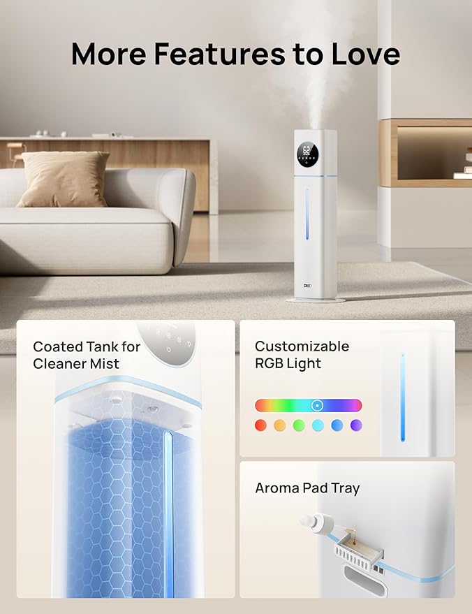 Dreo 11L Smart Humidifier Large Room 700 ft짼, 100H Cool Mist Air Humidifiers for Bedroom, Top-Fill Self-Cleaning Tank, 26dB, Auto Mode, Aroma Box, RGB Light, Remote & APP Control, Baby, Plant, Blue