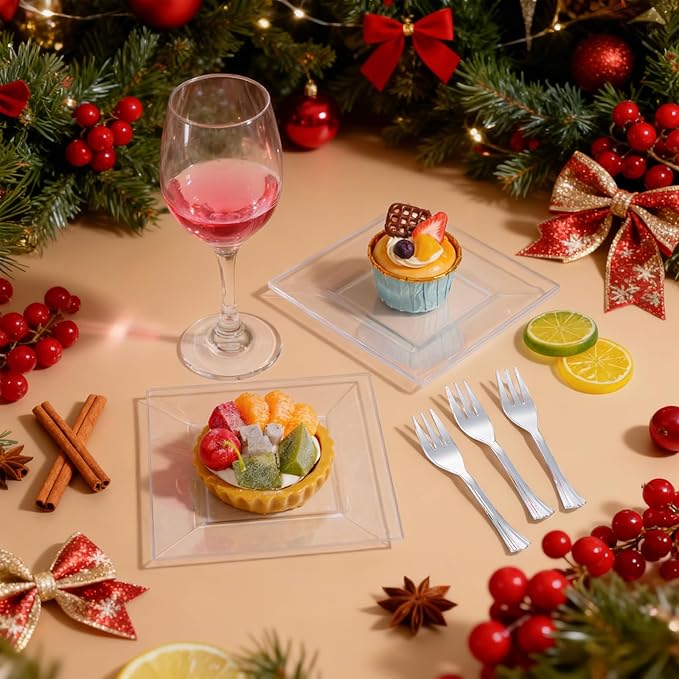 supernal 200pcs Clear Dessert Plates with Silver Dessert Fork, Clear Square Plates, Appetizer Plates,Silver Plastic Silverware, Perfect Choice for Wedding and Party
