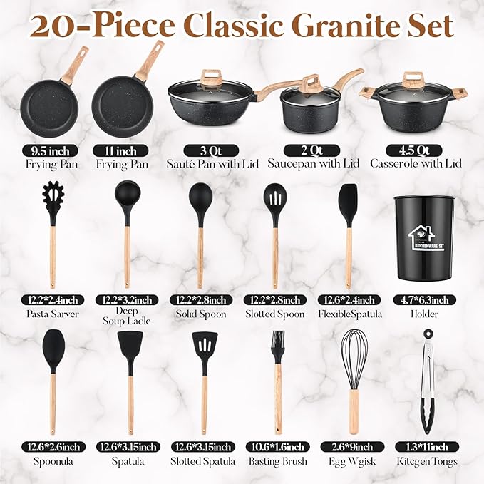 20 Pcs Pots and Pans with Silicone Kitchen Utensils Set Non Stick Cookware Granite Cooking Kitchen Spatula Set with Holder(Black)