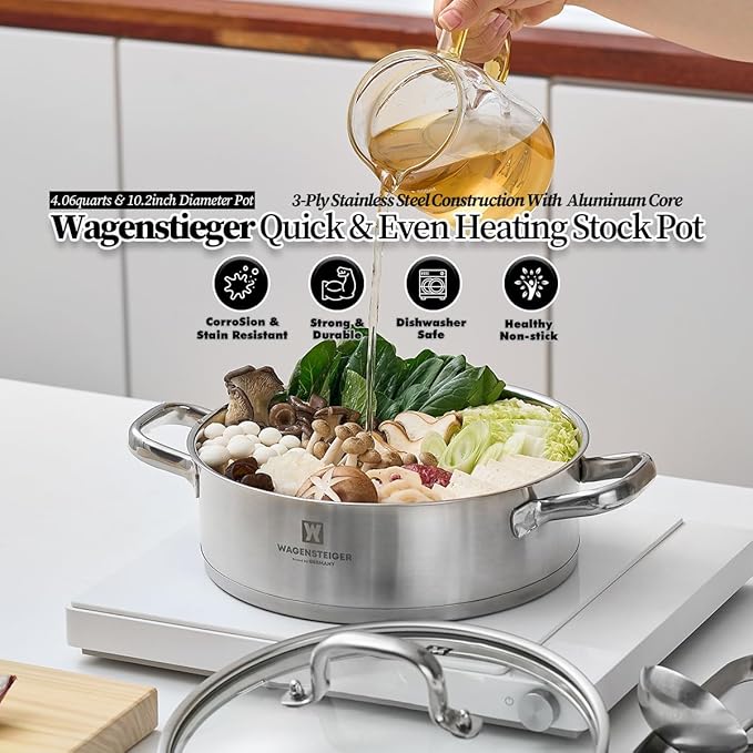 4.3 Quart Casserole Pot/Dutch Oven/Saute Pan, 3-Ply Stainless Steel with Aluminum Core, Tempered Glass Lid, Ergonomic Handles, All Cooktops Compatible (9.84" Diameter Casserole)