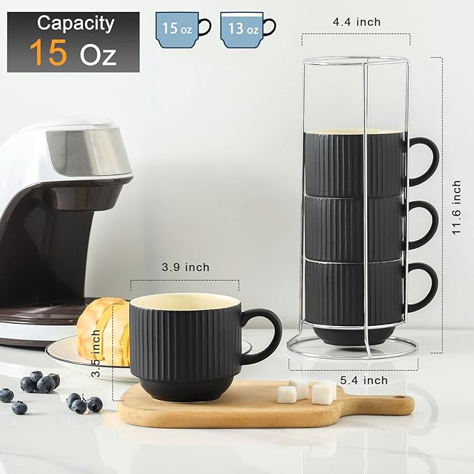 HASENSE Coffee Mug Ceramic Set of 4 with Stand - 15 oz Stackable Large Porcelain Ribbed Latte Cup Set for Cappuccino, Tea, Hot Cocoa, Drinks - Dishwasher & Microwave Safe, Black
