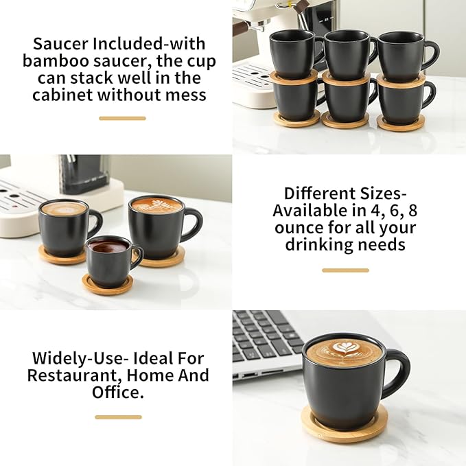 Hasense 8 oz Cappuccino Cups with Saucers set of 6, Porcelain Coffee Mugs Latte Mugs with Handle Perfect for Double Shot, Americano, Milk and Tea, Black