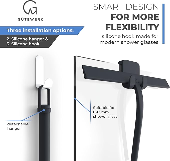 G횥TEWERK Shower Squeegee for Glass Doors, Silicone Window Squeegee, Bathroom and Glass Cleaning - Black - 11 Inch