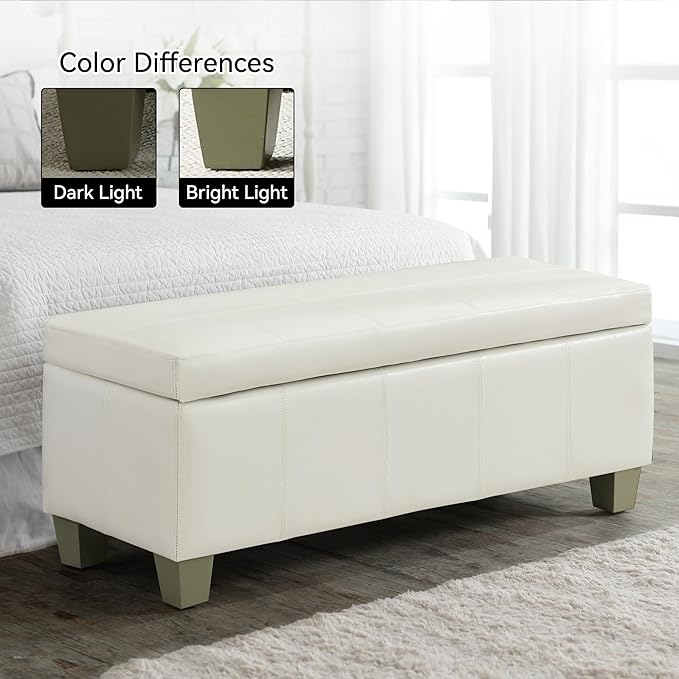 WUTUTUEE 41" Faux Leather Storage Ottoman, Stitch Tufted Rectangle Upholstered End of Bed Storage Bench, Entryway Large Couch Ottoman with Wooden Legs,White
