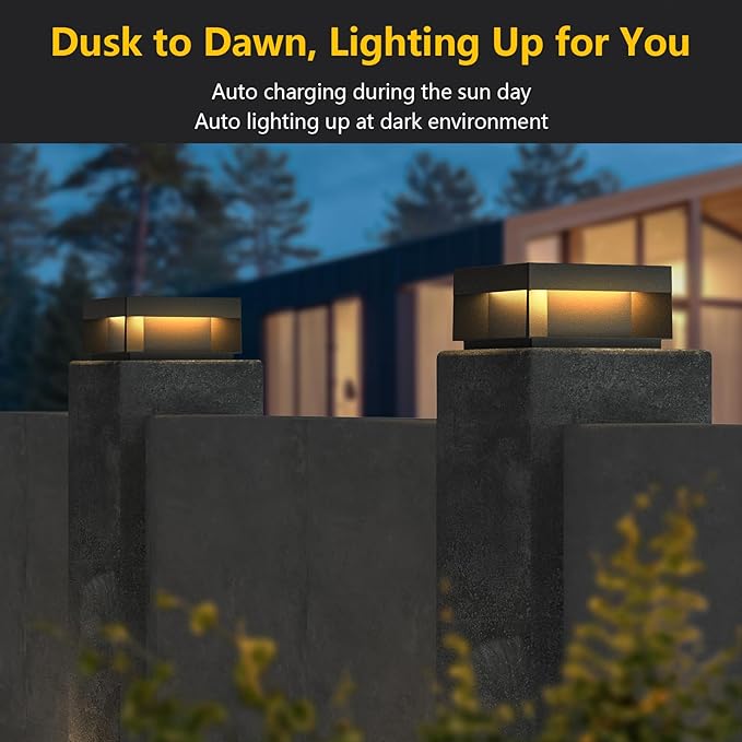 Modern Solar Landscape Post Light, 9.8" Outdoor IP54 Waterproof Luxury Fence Deck Pillar Cap Patio Garden Decoration Lantern Column Lamp with 3 Different Lighting Color
