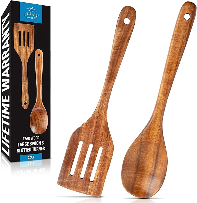 Zulay Kitchen Teak Wood Utensil Set ??2 Piece Large Wooden Cooking Spoon and Slotted Turner, Handcrafted Natural Teak Wood Kitchen Utensils, Durable, Nonstick Safe & Smooth Finish