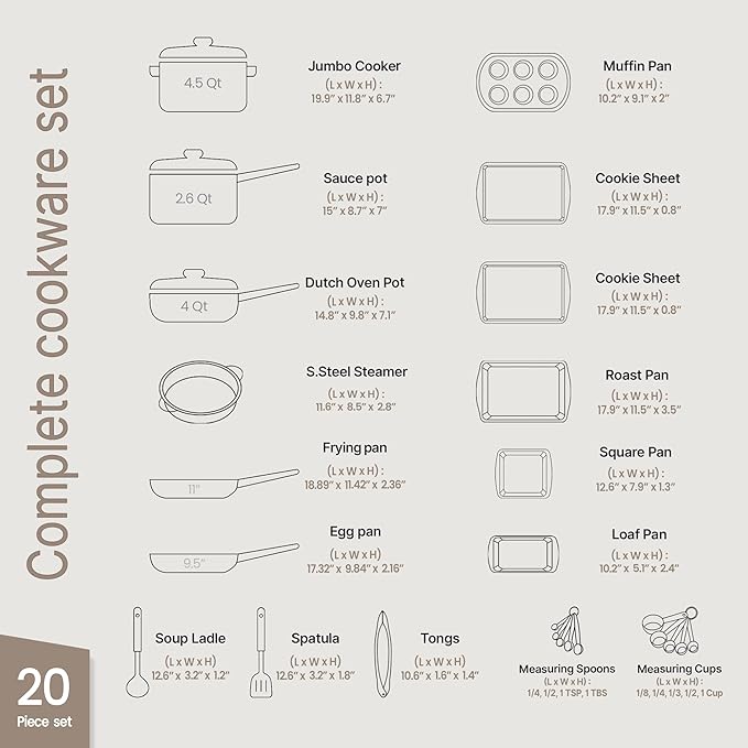 Bakken-Swiss 20-Piece Kitchen Cookware Set ??Granite Non-Stick ??Eco-Friendly ??for All Stoves & Oven-Safe - Marble coating
