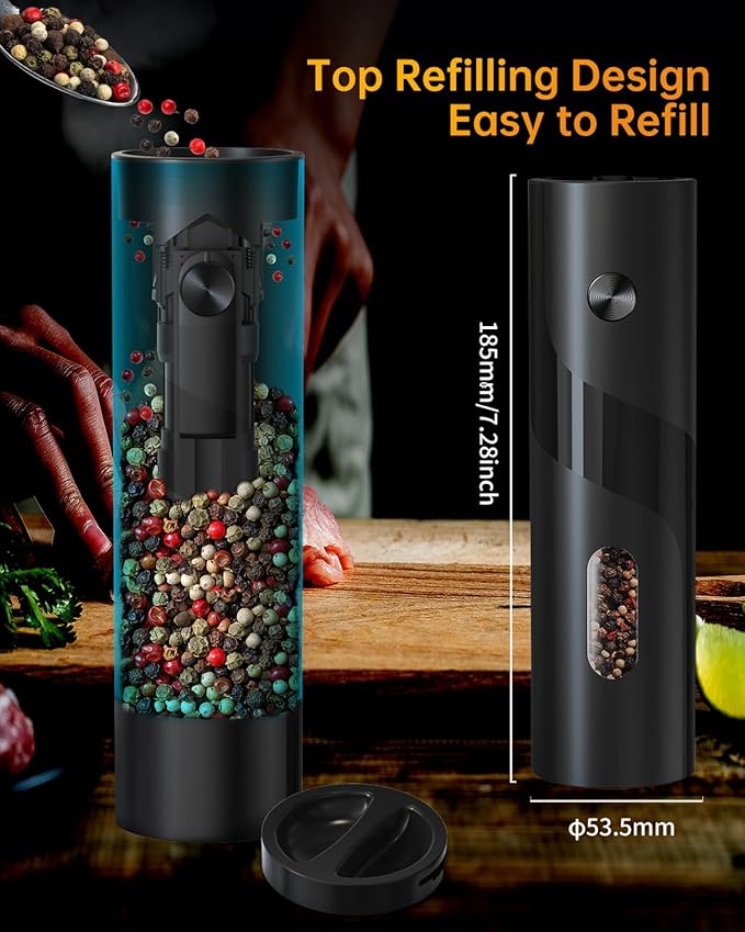 CIRCLE JOY Electric Pepper Mill Grinder, Top-Refill Rechargeable Black Pepper Grinder with Upgraded Large Capacity for Home BBQ, Adjustable Coarseness, Led Light