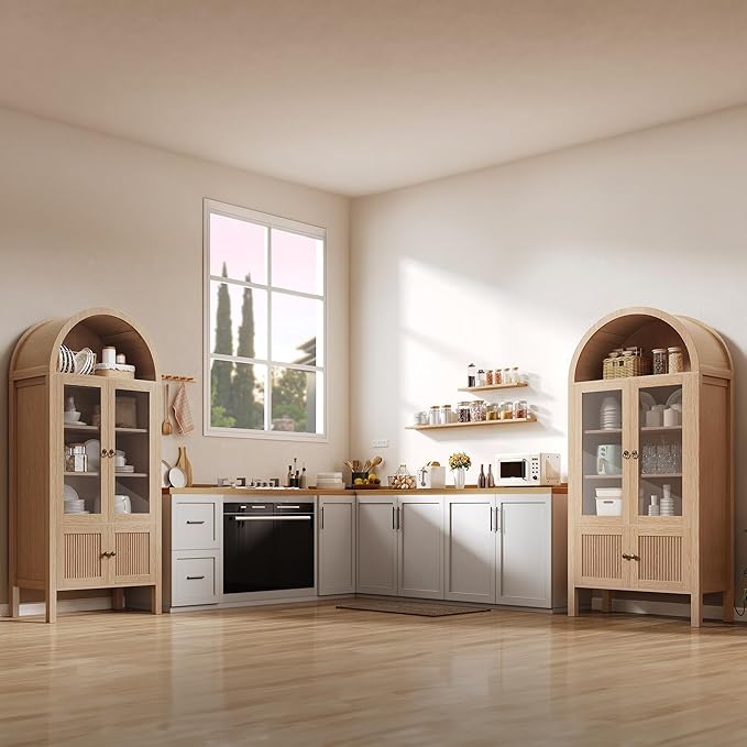 DWVO 71" Tall Arched Kitchen Pantry/Wood Kitchen Storage with Tempered Glass Doors and Adjustable Shelves/Bookcase Cabinet with Storage for Dining Room-Natrual