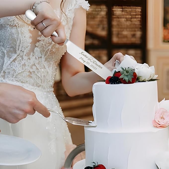 HJX Personalized Cake Knife and Server Set for Wedding - Engraved Stainless Steel Cake Cutting Set, Custom Elegant Cake Cutter Gift for Anniversary Birthday (01-Foundation)