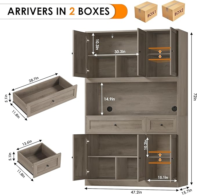 72" Kitchen Pantry Cabinet, Kitchen Hutch with Microwave Stand, Buffet Cabinet with Hutch for Dining Room, Ash Gray
