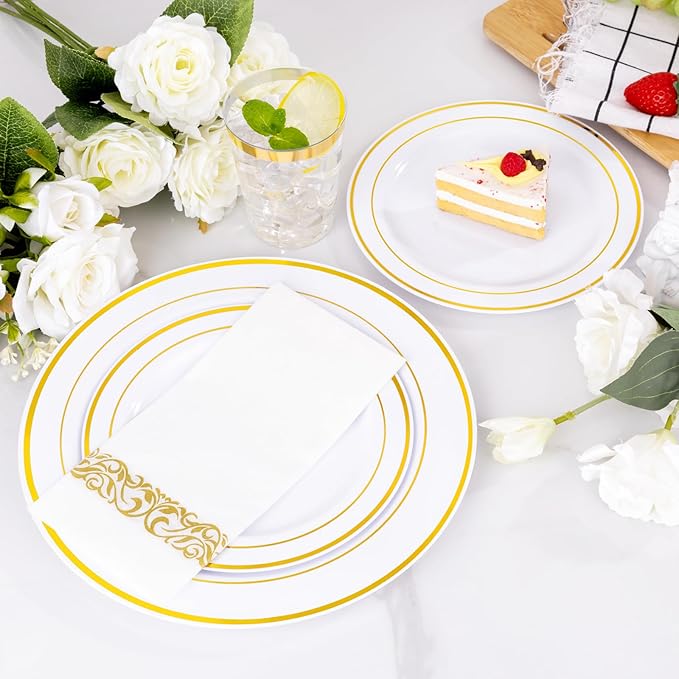 I00000 700Pcs Gold Dinnerware Set for 100 Guests, Plastic Plates for Party, Include: 100 Rim Dinner Plate, 100 Dessert Plate, 100 Paper Napkins, 100 Cups, 100 Gold Plastic Silverware Set