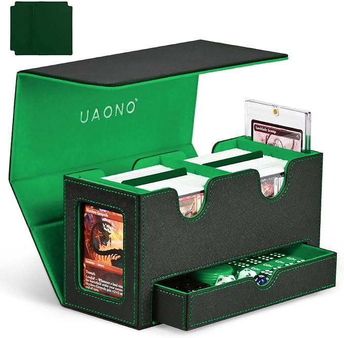 Card Deck Box for MTG, Double Card Storage Box with 2 Commander Display & 1 Dice Tray, Fits 200+ Double Sleeved Cards, Organizer for CCG TCG Sports Cards (Black Green)
