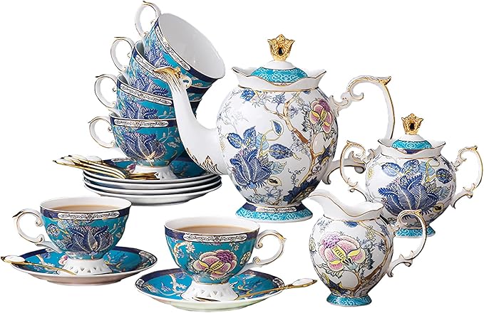 ACMLIFE Tea Sets for Adults for 6 - Tea Pot Sets with Cups Blue, Tea Sets for Women Tea Party, Fine Bone China 24K Gold, Vintage British English Porcelain Afternoon Service Sets for Luxury Gift