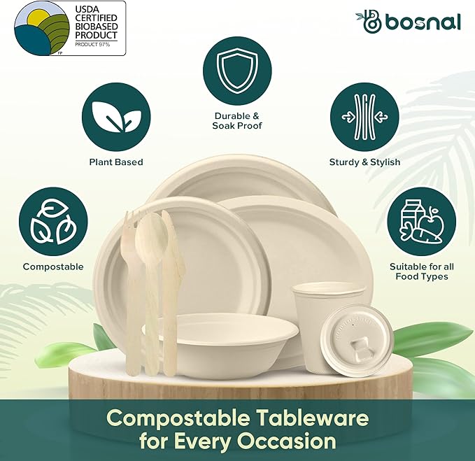 BOSNAL 10 inch & 7 inch Round Plates, 10 inch Oval Plates, 32 oz Bowls & 8 oz Cups with Lidss & Cutlery ??100% Plant-Based Bagasse, Eco-Friendly, Compostable, Microwave Safe, Durable Dinnerware Set