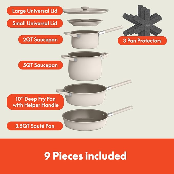 bella 9 Piece Ceramic Nonstick Cookware Set, Fits-anywhere??Kitchenware w EverGood??Coating, Dishwasher & Oven Safe, All Stovetops Compatible, Stackable Design, Cool Touch Handles, Oatmilk