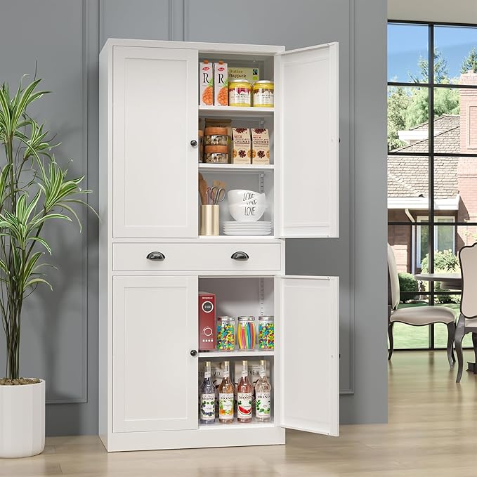 71??Food Pantry Storage Cabinet with Drawer,White Metal Kitchen Pantry Cabinet with Doors and Adjustable Shelves,Tall Storage Cabinets for Pantry,Kitchen,Livingroom