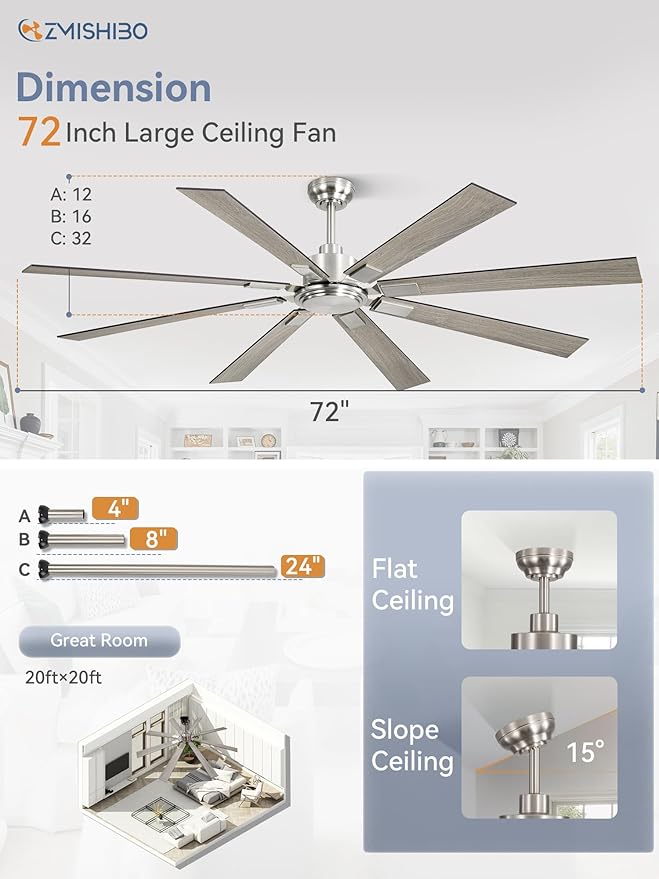 ZMISHIBO 72 Inch Ceiling Fan No Light with Remote Control, 8 Blades Quiet DC Reversible Motor, 6-Speed, Timer, Brushed Nickel Finish, Indoor Outdoor Ceiling Fans for Patios, Living Room, Garage