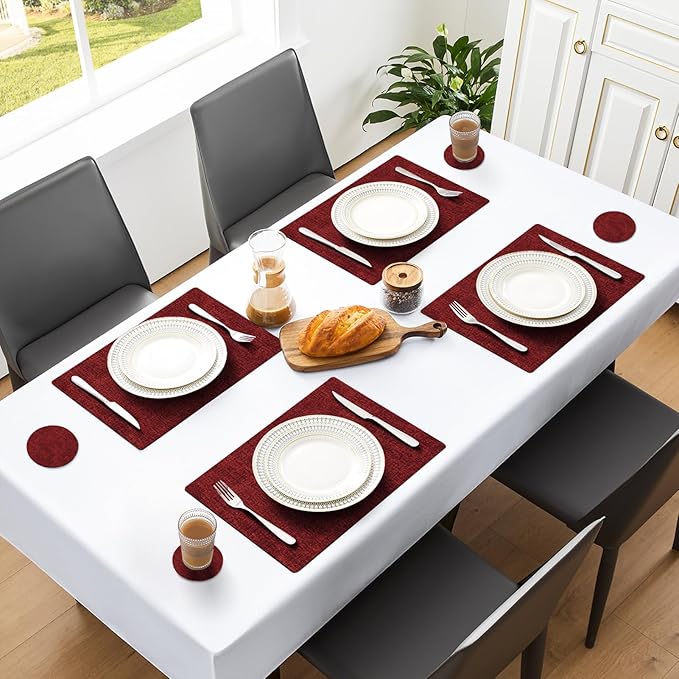MOSAYT Faux Leather Placemats Set of 12, Heat Resistant Vinyl Place Mats with Coasters, Wipeable Washable 100% Waterproof Oil Proof Table Mats for Kitchen Dining Party Indoor Outdoor, 12" x 17", Red