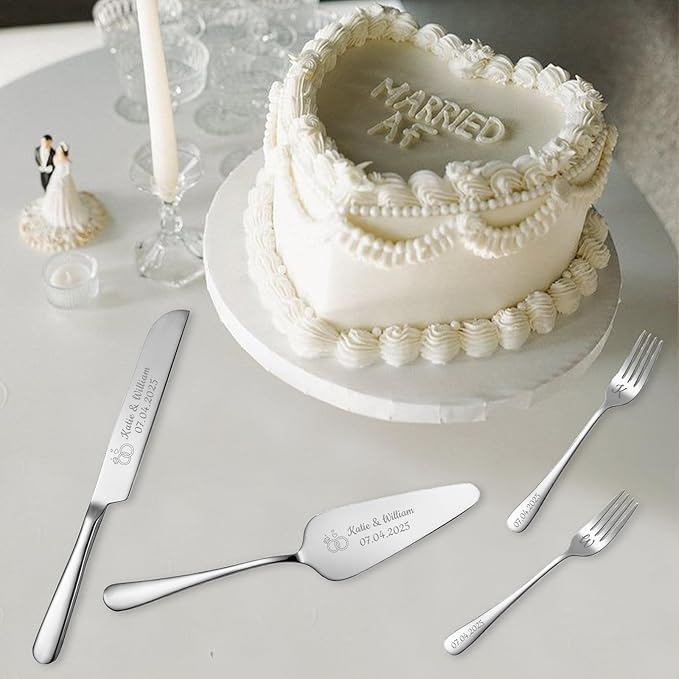 HJX Personalized Cake Knife and Server Set for Wedding - Engraved Stainless Steel Cake Cutting Set, Custom Elegant Cake Cutter Gift for Anniversary Birthday (06-Gift Box Silver)