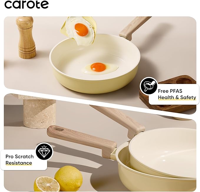 CAROTE 16pcs Ceramic Cookware Set, Pots and Pans Non Stick Kitchen Cookware Sets, Pots and Pans Set Cooking Set with Knife Set