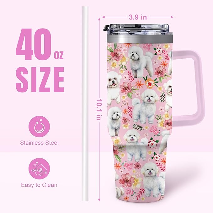 Yogusut Bichon Frise Gifts for Women, 40oz Stainless Steel Insulated Tumbler Travel Mug Cup with Handle Straw, Gifts for Dog Mom Dog Lover