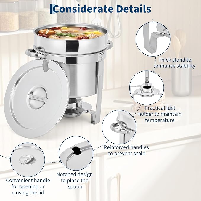 Garvee 7QT Commercial-Grade Soup Chafer Set of 4, Stainless Steel Round Food Warmers with Pots, Notched Lids & Fuel Holders, Commercial Buffet Equipment for Large Banquet Service & Buffet Catering