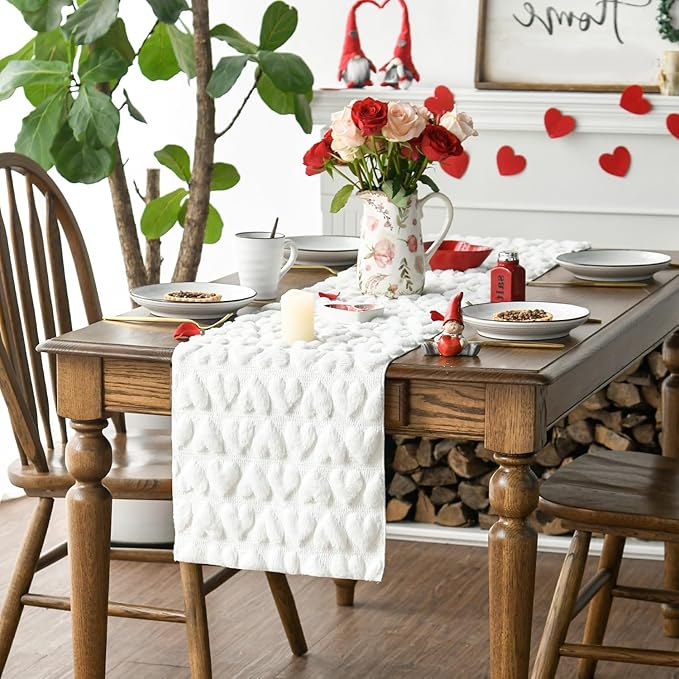 Artoid Mode White Soft Plush Faux Fur Jacquard Heart Valentine's Day Table Runner, Seasonal Kitchen Dining Table Decoration for Home Party Decor 13x120 Inch