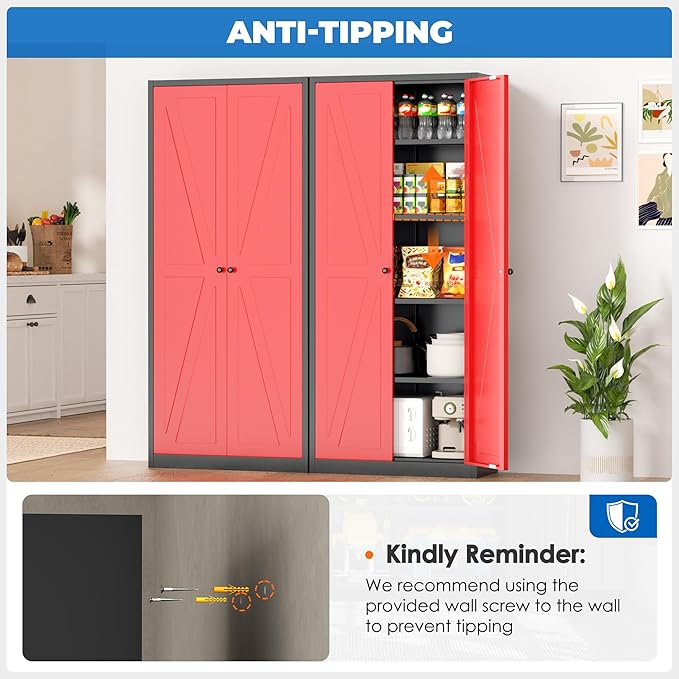 INTERGRAET 63" H Pantry Cabinet, Kitchen Pantry Storage Cabinets with 2 Doors and 4 Shelves, Black Red Metal Storage Cabinet,Cupboard for Home,Kitchen,Living Room/Dining
